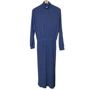 Anthropologie Ribbed Knit Eastic Waist Midi Dress Size XS Blue Long Sleeve Slits